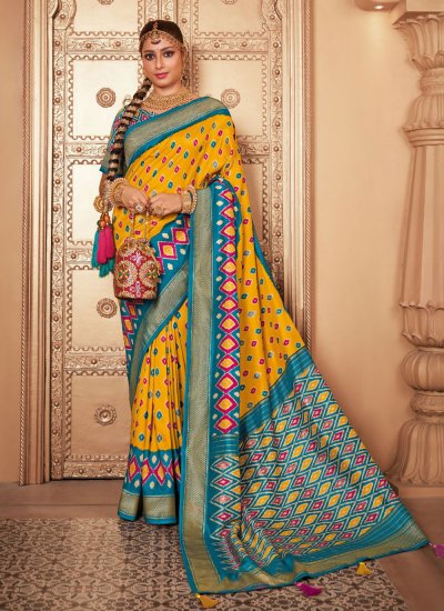 Immaculate Blue and Yellow Patola Print Classic Saree