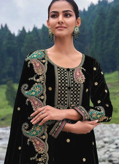 Impressive Black Embroidered Velvet Salwar Kameez