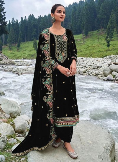 Impressive Black Embroidered Velvet Salwar Kameez