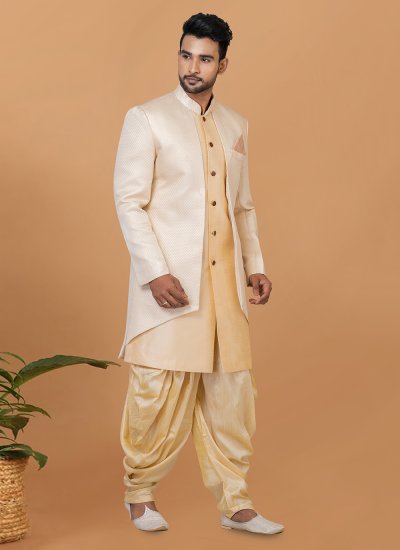 Indo Western Sherwani Fancy Jacquard Silk in Cream and Off White