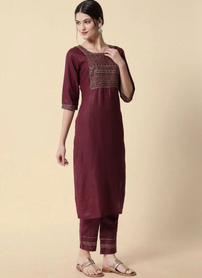Intriguing Cotton Purple Embroidered Readymade Salwar Kameez