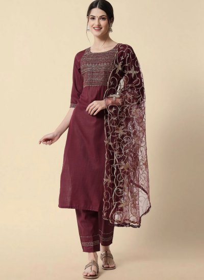 Intriguing Cotton Purple Embroidered Readymade Salwar Kameez