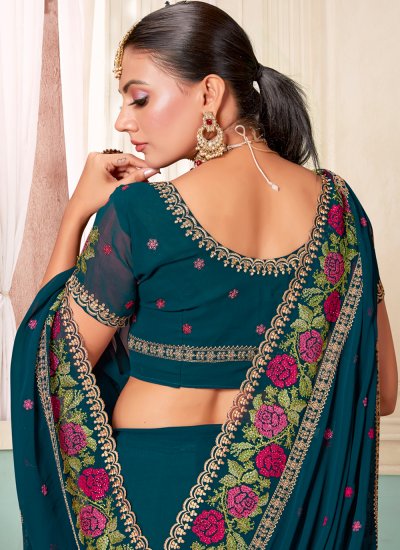 Invigorating Embroidered Georgette Teal Contemporary Saree