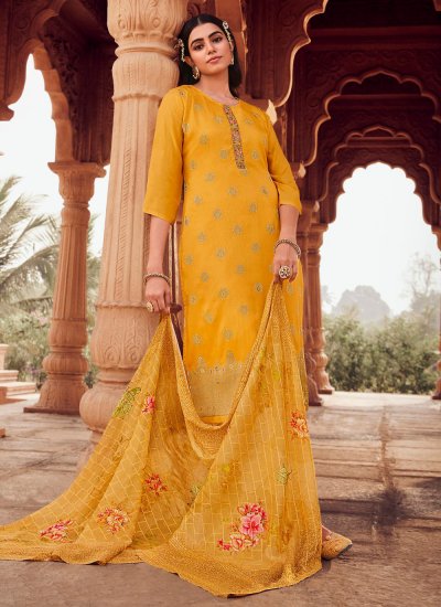 Jacquard Jacquard Work Yellow Salwar Suit