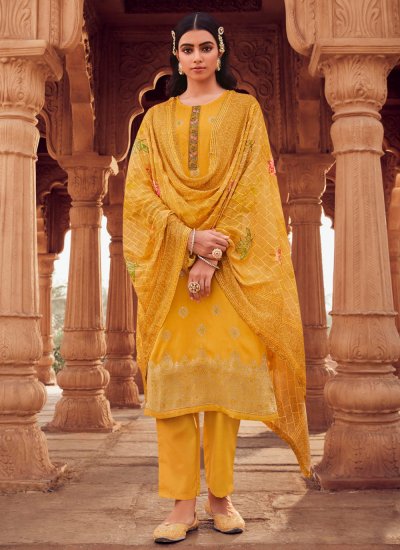 Jacquard Jacquard Work Yellow Salwar Suit