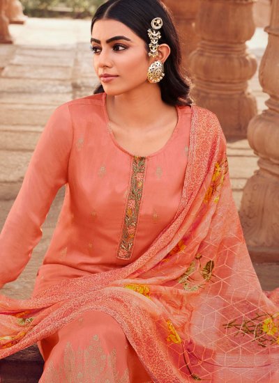 Jacquard Peach Embroidered Trendy Salwar Suit