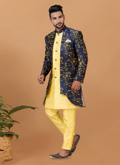 Jacquard Silk Blue and Yellow Indo Western Sherwani