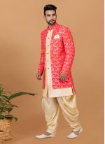 Jacquard Silk Indo Western Sherwani in Cream and Red