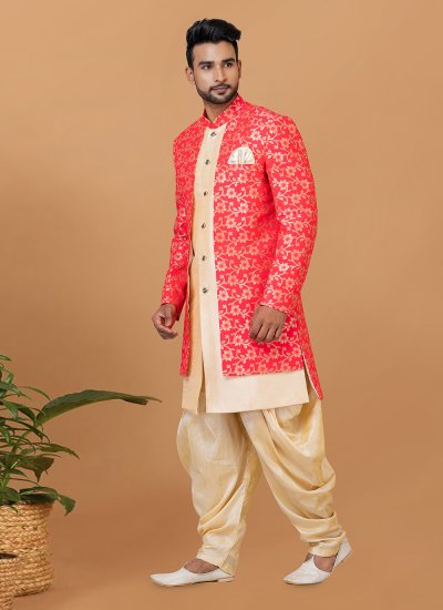 Jacquard Silk Indo Western Sherwani in Cream and Red