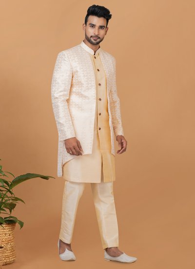Jacquard Silk Indo Western Sherwani in Cream and White