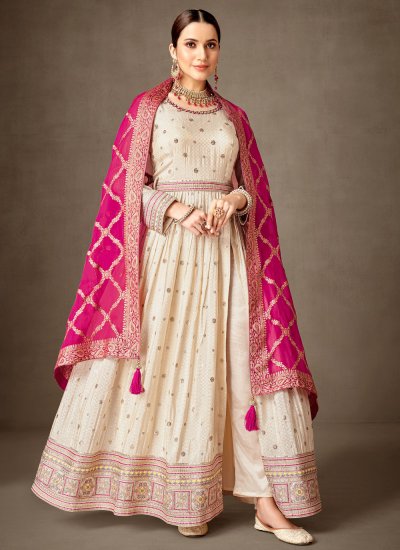 Jacquard Silk Sequins Trendy Salwar Kameez in Cream