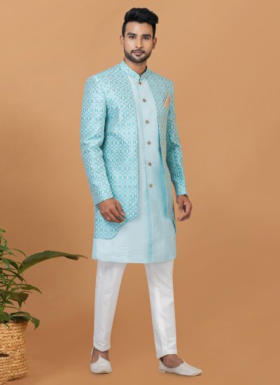 Jacquard Silk Turquoise Indo Western Sherwani