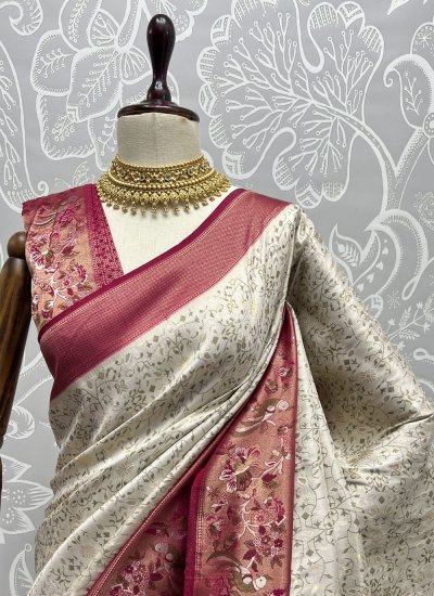 Kanjivaram Silk Thread Work Trendy Saree in Cream