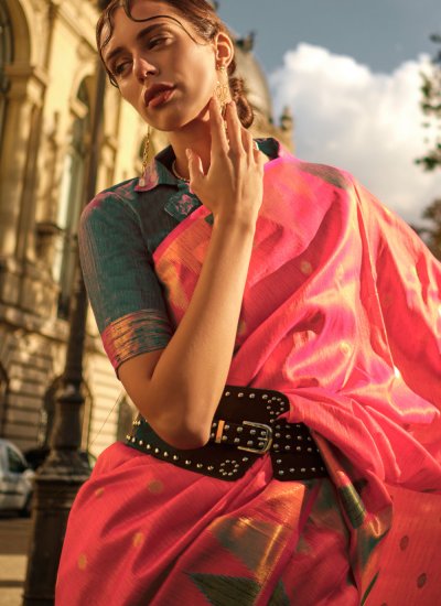 Khadi Silk Weaving Contemporary Saree in Pink