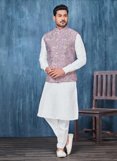 Kurta Payjama With Jacket Embroidered Art Banarasi Silk in Lavender and White