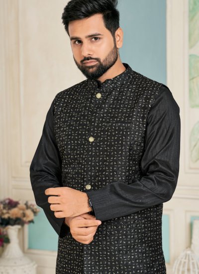 Kurta Payjama With Jacket Embroidered Banglori Silk in Black