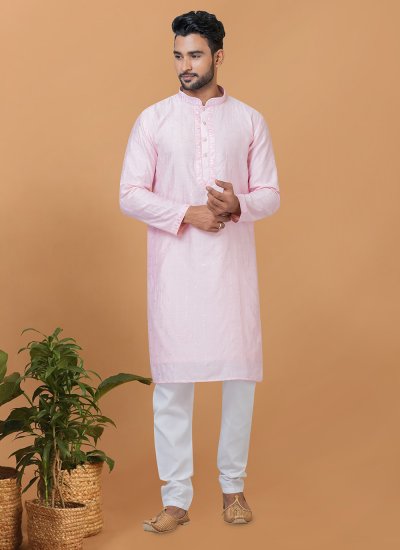 Kurta Pyjama Embroidered Cotton in Pink