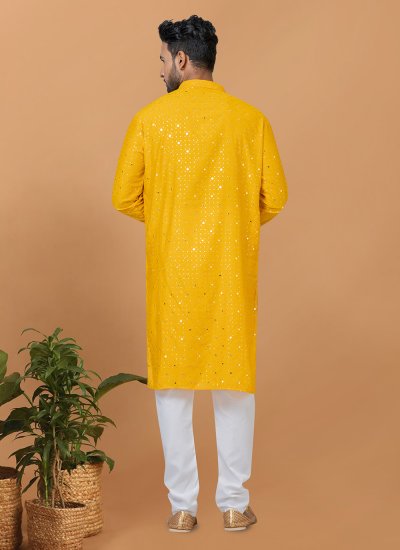 Kurta Pyjama Embroidered Viscose in Yellow