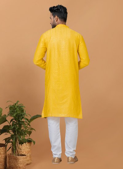 Kurta Pyjama Sequins Cotton in Yellow