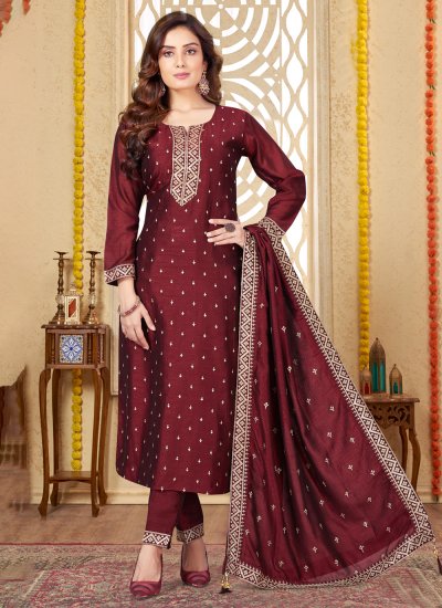 Latest Maroon Embroidered Pant Style Suit