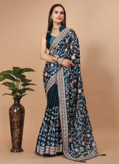 Lively Teal Embroidered Classic Saree