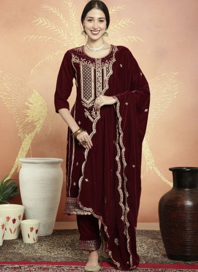 Magnetize Velvet Embroidered Maroon Pant Style Suit