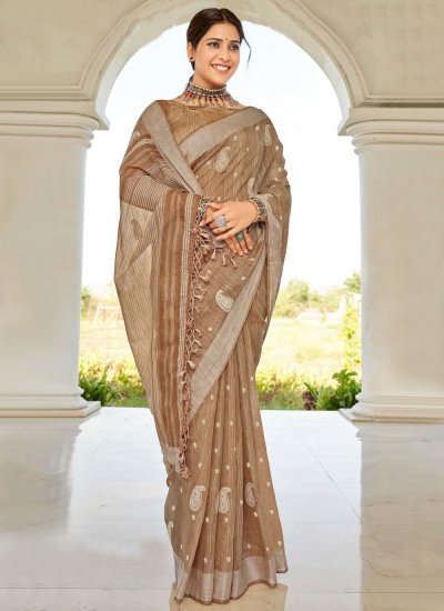 Magnificent Embroidered Cotton Brown Casual Saree