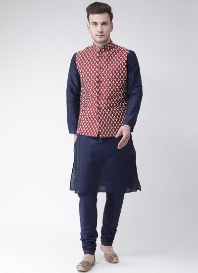 Maroon Dupion Silk Printed Nehru Jackets