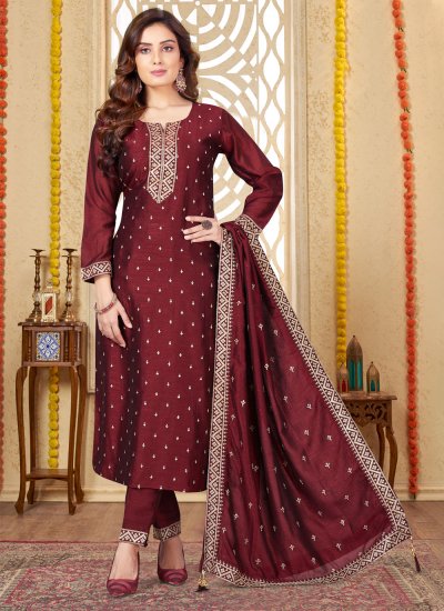 Maroon Embroidered Ceremonial Readymade Suit