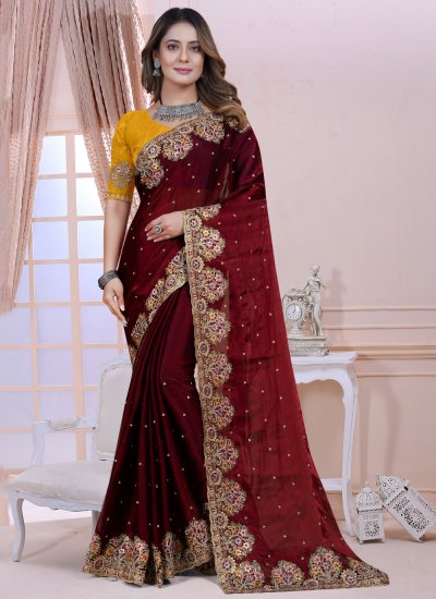 Maroon Satin Silk Designer Saree