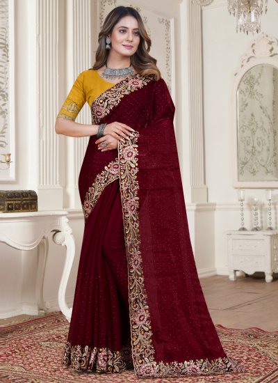 Wine -Gold Hand Embroidered Toga Saree – Talking Threads
