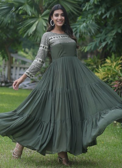 Marvelous Green Embroidered Faux Georgette Readymade Gown