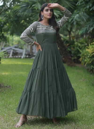 Marvelous Green Embroidered Faux Georgette Readymade Gown