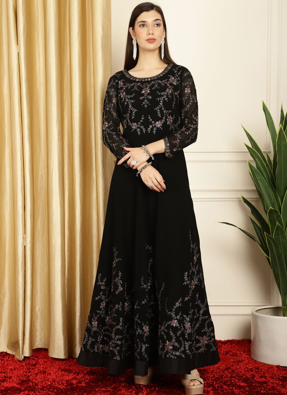 Masterly Georgette Black Embroidered Anarkali Salwar Suit -