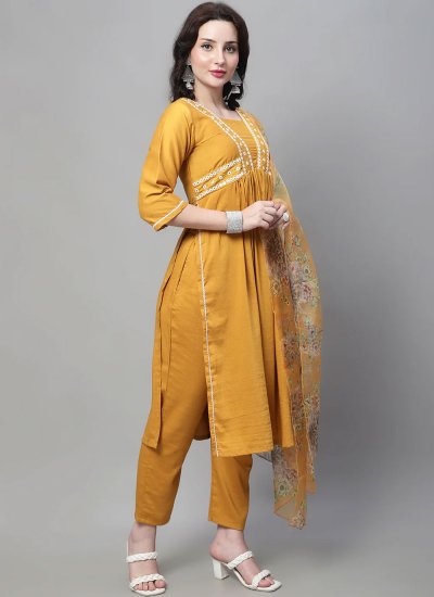 Mesmeric Embroidered Cotton Silk Mustard Salwar Kameez