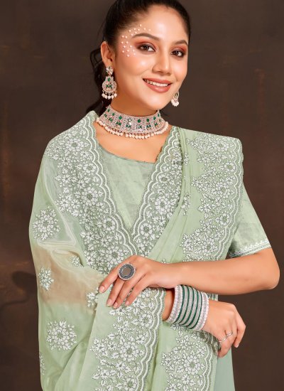 Mesmerizing Green Embroidered Organza Designer Saree