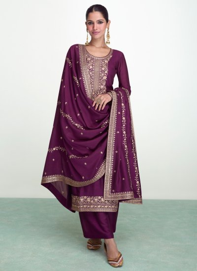 Modern Purple Embroidered Silk Salwar Suit