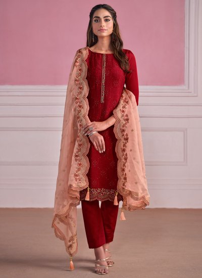 Modernistic Embroidered Red Chinon Pant Style Suit