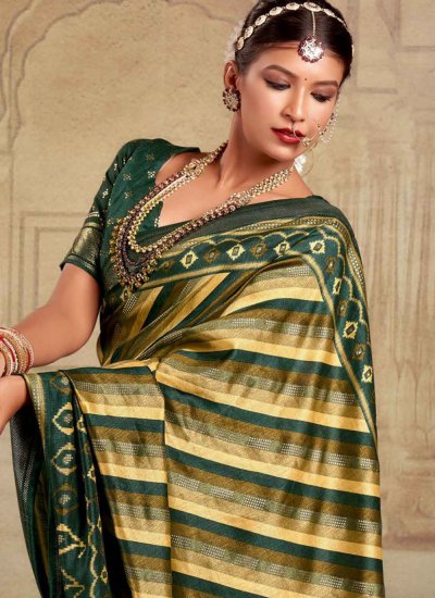 Modernistic Print Tussar Silk Green and Yellow Saree