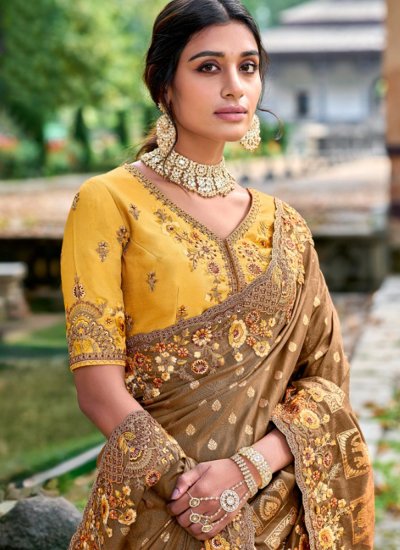 Modish Embroidered Silk Brown Trendy Saree