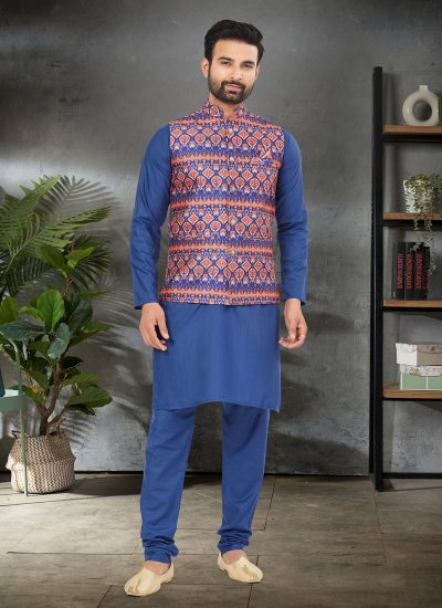 Multi Colour and Navy Blue Cotton Digital Print Kurta Payjama With Jacket