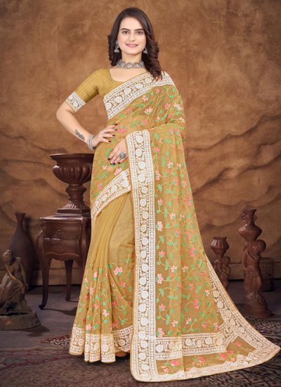 Mustard Embroidered Party Saree
