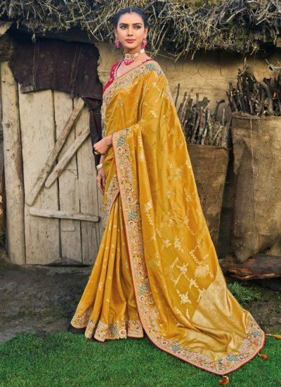 Mustard Embroidered Silk Designer Saree