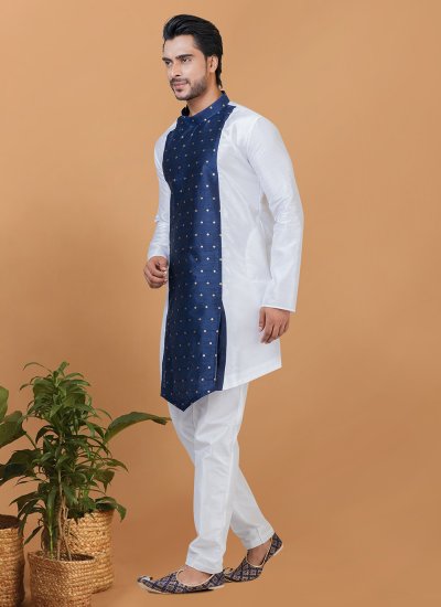 Navy Blue and White Banarasi Silk Digital Print Kurta Pyjama