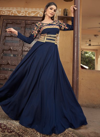 Navy Blue Embroidered Muslin Trendy Gown