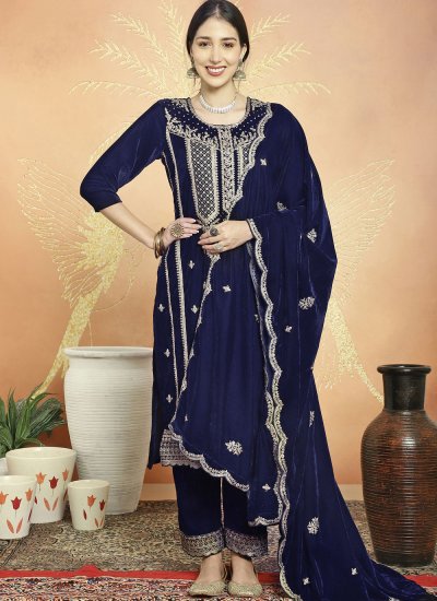 Navy Blue Embroidered Velvet Trendy Salwar Kameez
