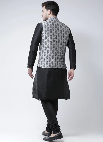 Nehru Jackets Printed Dupion Silk in Grey