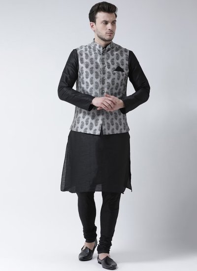 Nehru Jackets Printed Dupion Silk in Grey