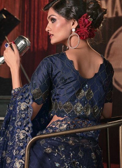 Net Blue Embroidered Contemporary Saree