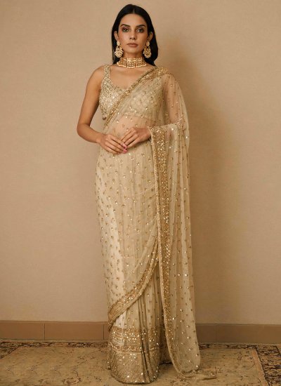 Hand Embroidered Net Saree in Cream Color